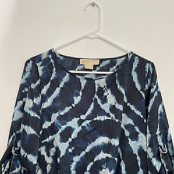 MICHAEL MICHAEL KORS Navy Blue Tie Dye Satin 3/4 Sleeve Roll Tab Blouse PETITE S - Picture 5 of 13